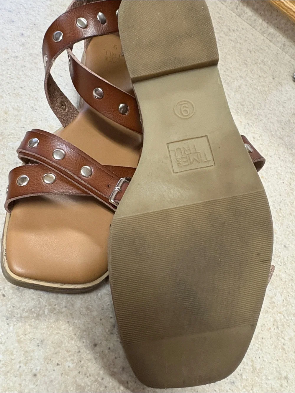 Time and Tru Brown Studded Crisscross Ankle Strap Sandals